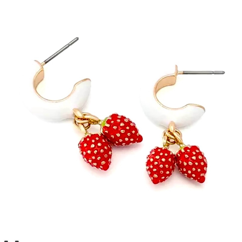 Betsy Johnson Backyard Strawberry Huggies - Small Hoop Earrings NWT $38 MSRP - Picture 4 of 13